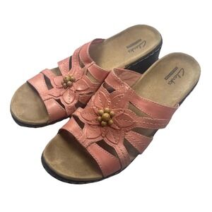 Clarks Lexi Myrtle Sandals Size 8 Coral Pink Leather Slide Beaded Wedge